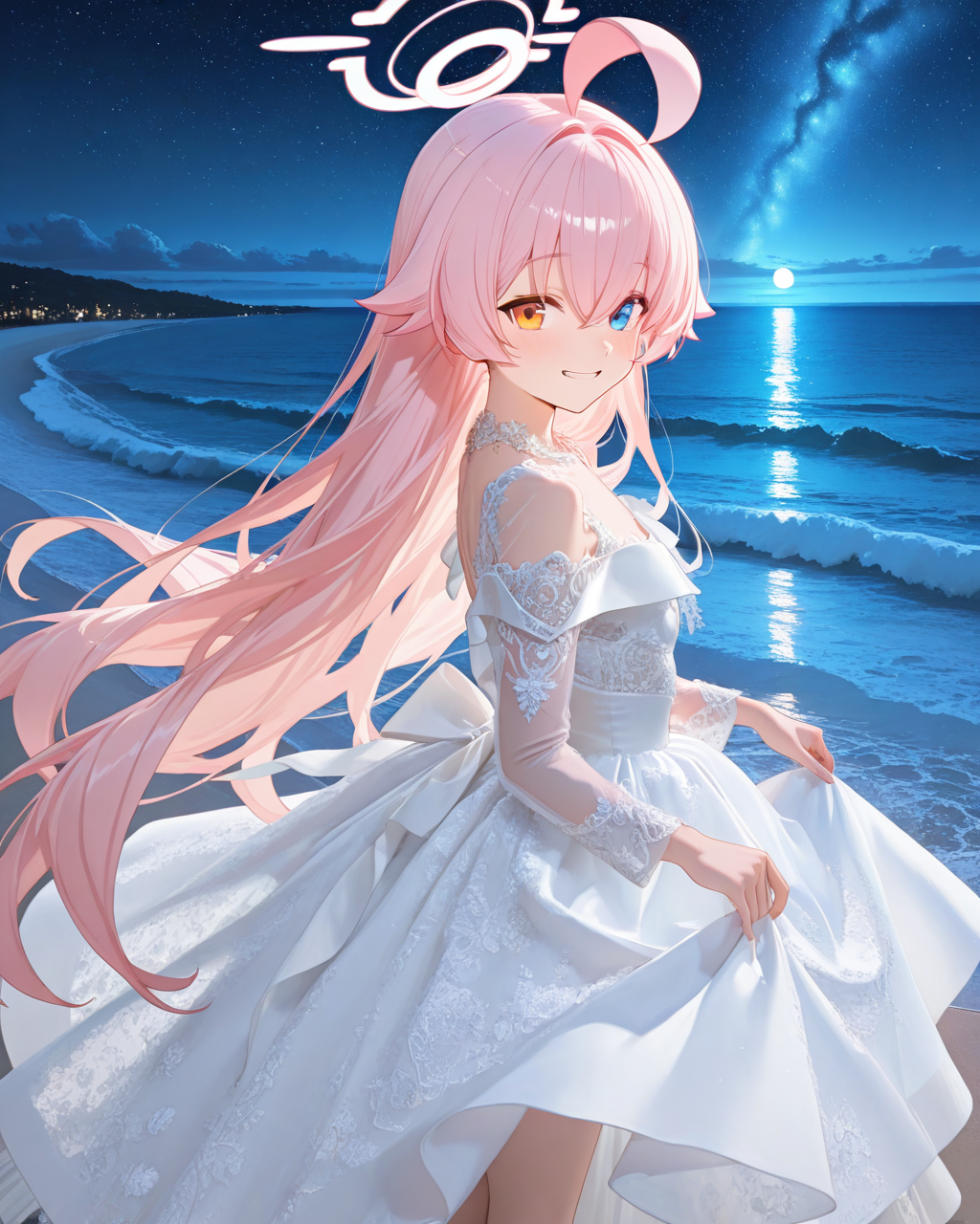 Masterpiece, best quality, amazing quality,newest,absurdres,highres,
1girl,solo,
hoshino-casual,hoshino \(blue archive\), heterochromia,long hair,pink hair,ahoge,halo,
HUNSHA1,
wedding dress,long dress,white dress,long sleeves,floral print,see-through,lace,
standing,cowboy_shot,  
looking_at_viewer,smile,  
moonlight,waves,beach,night, stars, romance, ocean, breeze, 






