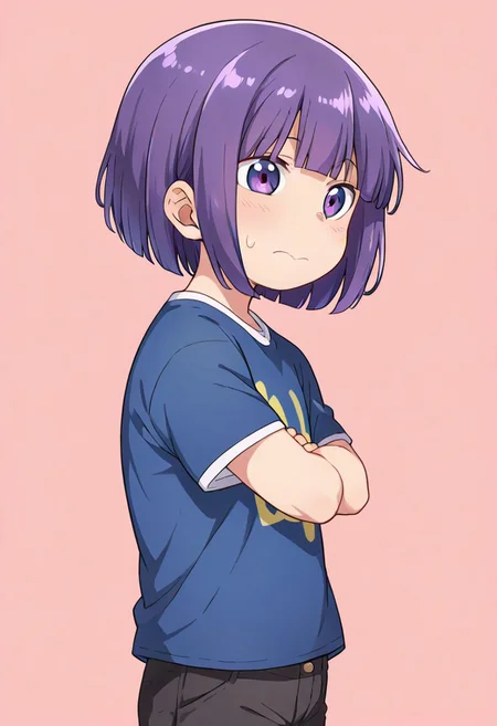 (zPDXL3),
(zPDXLxxx),
1boy,
Shouta Magatsuchi,
magatsuchi_shouta,
purple eyes,
purple hair,
bob cut,
blunt bangs,
chibi,
short stature,
shortstack,
slender,
shirt,
short pants,
embarrassed,
happy,
side view,
bust up,