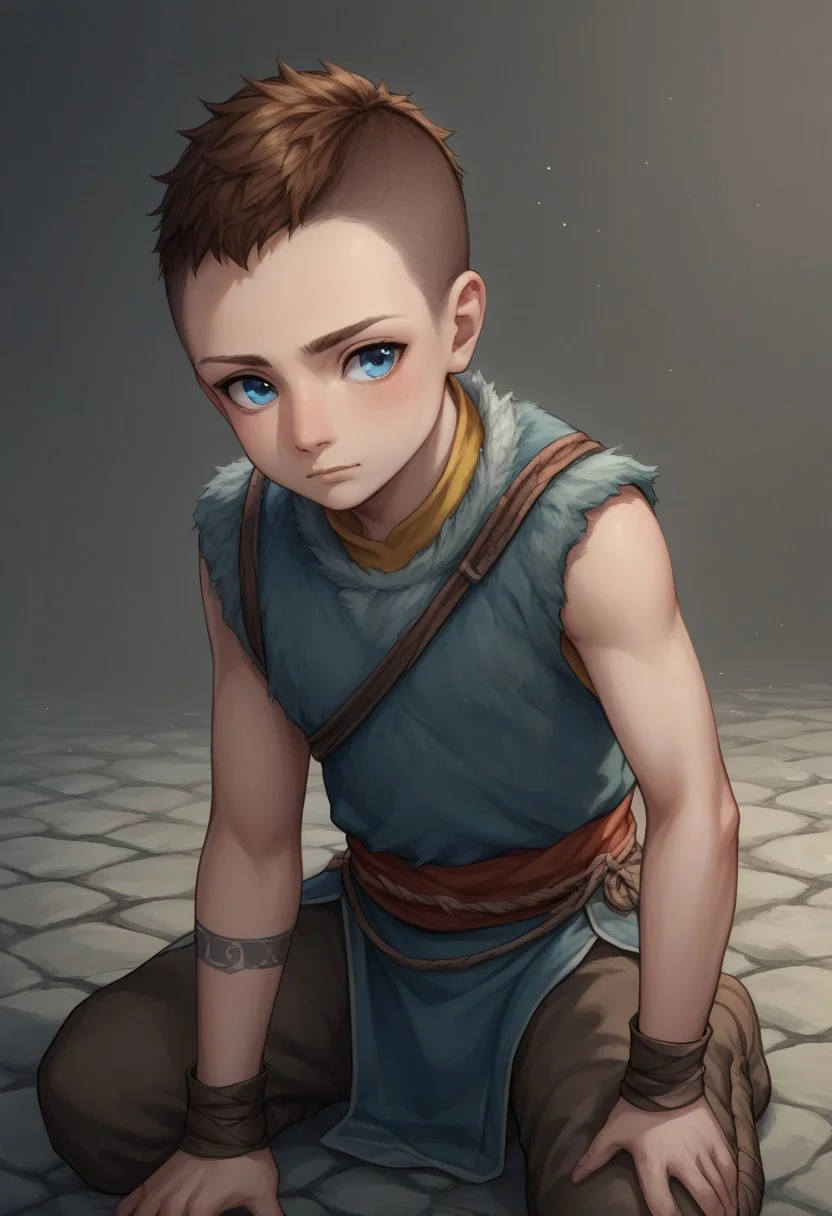 score_9, score_8_up, score_7_up, source_anime, highly detailed, 1boy, solo, cute boy, Atreus, Blue Eyes, auburn Hair, Undercut, Grey Fur Tunic, Brown Boots, loincloth, sleeveless