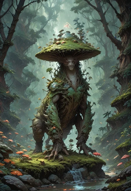score_9, score_8_up, score_7_up, score_7, score_6_up. cinematic style, detailed, sharp focus, digital art, artwork, illustration, drawing, digital painting, nature, landscape, fantasy art, trees, forest lights, mushroom, magic mushrooms, environment, green, rocks, jungle, outdoor, science fiction, art design by Chin Fong