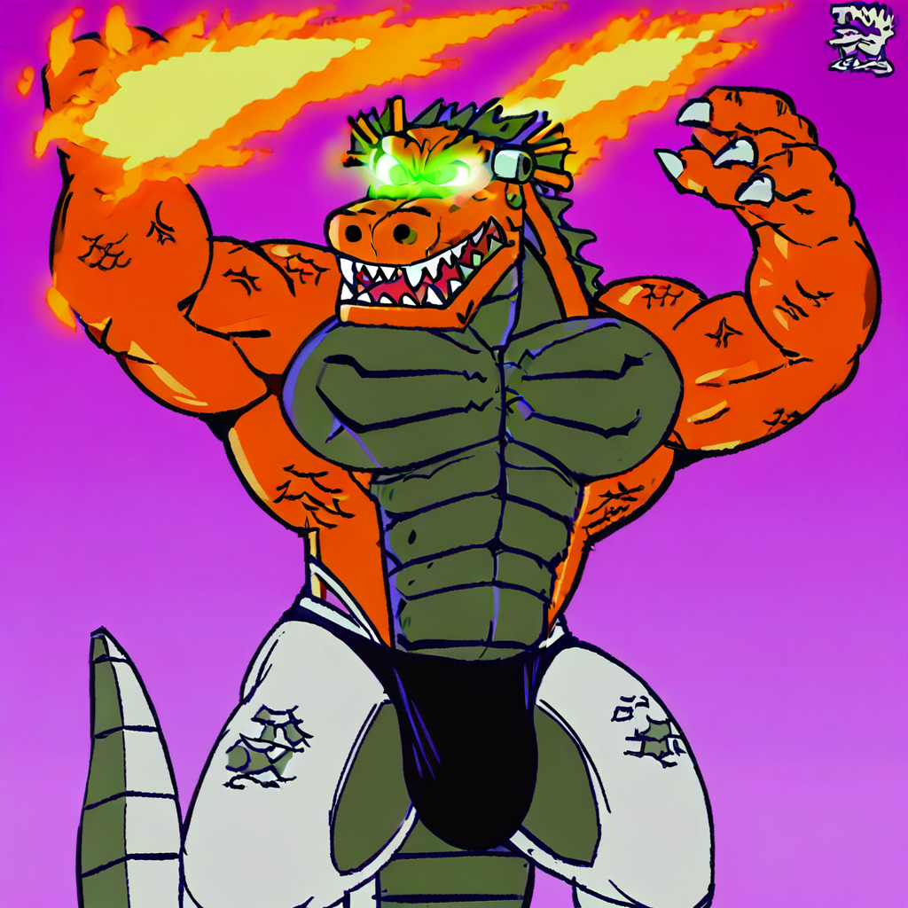 sharp teeth, Two toned bone, Arms raised, colored skin, Glowing eyes, glowing eyes, Top half dragon, three wheels, gradient background, bara, breathing fire, robot, broken, sky, green eyes, veins, underwear, purple background, glowing, thighs, dragon