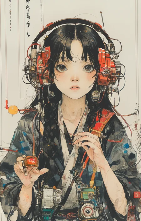 masterpiece,best quality,<lora:tbh162-sdxl:0.9>,illustration,style of Kawanabe Kyosai, tech genius teenage girl