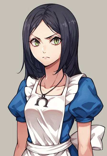score_9, score_8_up, score_7_up, source_anime, 1girl, <lora:americanmcgee_alice_ponyXL:1> mcgeealice, blue dress, puffy short sleeves, white apron, necklace, <lora:zs_ZeroAzurePortraitsXL:1> zeroazureportraits, solo, upper body, simple background