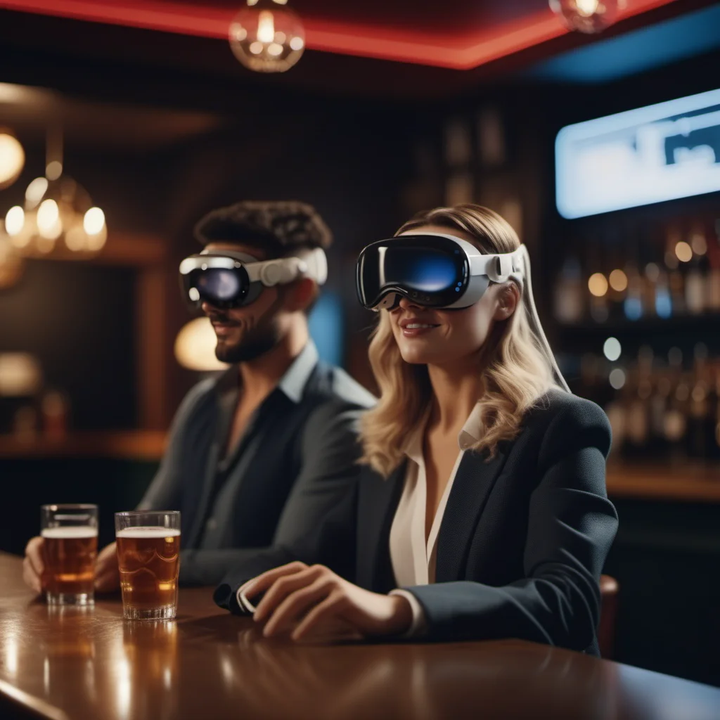 cinematic photo People wearing VR headset in a pub <lora:VisionPro1024-000100:0.8> . 35mm photograph, film, bokeh, professional, 4k, highly detailed
