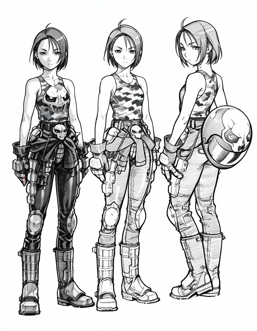 masterpiece, best quality, <lora:Akira_Kazama_Rival_Schools_-_IL:1>, kazama akira, 1girl, looking at viewer, short hair, gloves, solo, white background, monochrome, greyscale, boots, sketch,tank top, concept art, multiple views, biker helmet, skull helmet, bodysuit, camouflage,
