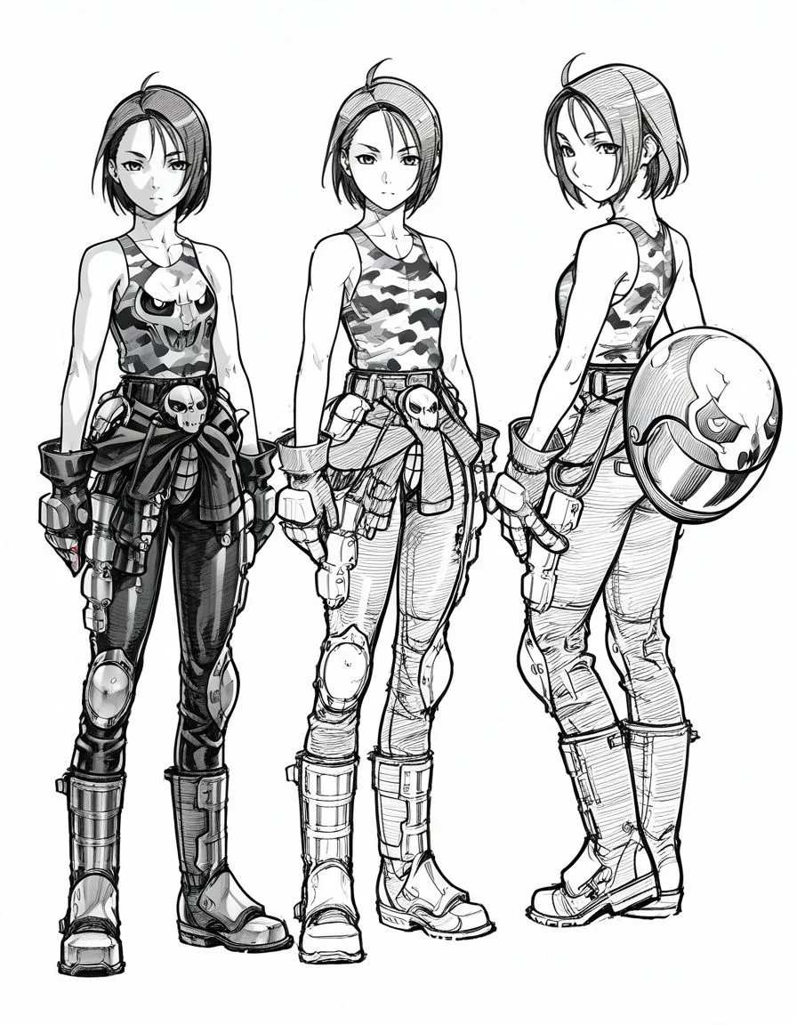 masterpiece, best quality, <lora:Akira_Kazama_Rival_Schools_-_IL:1>, kazama akira, 1girl, looking at viewer, short hair, gloves, solo, white background, monochrome, greyscale, boots, sketch,tank top, concept art, multiple views, biker helmet, skull helmet, bodysuit, camouflage,