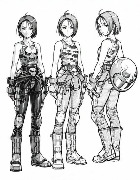 masterpiece, best quality, <lora:Akira_Kazama_Rival_Schools_-_IL:1>, kazama akira, 1girl, looking at viewer, short hair, gloves, solo, white background, monochrome, greyscale, boots, sketch,tank top, concept art, multiple views, biker helmet, skull helmet, bodysuit, camouflage,