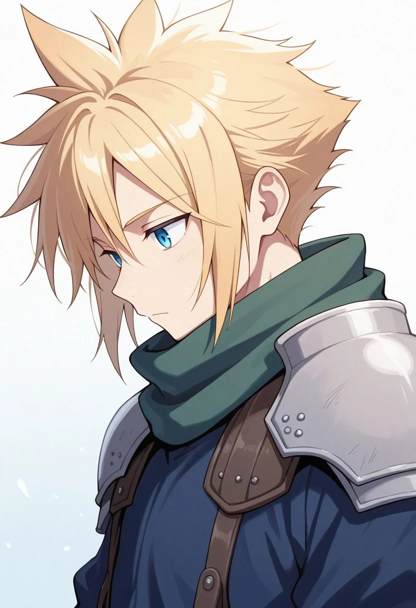 masterpiece,best quality,amazing quality, source_anime,
SoutouKumo, 1boy, male focus, solo, blue eyes, blonde hair, spiked hair, white shoulder armor, scarf, green scarf, blue shirt,
