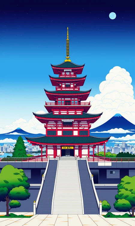 east_asian_architecture, building, pagoda, scenery, city, day, sky, cityscape, tower, bridge, castle, outdoors, shrine, blue_sky, tree, cloud, house, stairs, skyscraper, gate, railing, mountain, no_humans,.a tall building with a lot of stairs in front of it and a sky background with clouds in the sky <lora:line_art_flux:0.8>