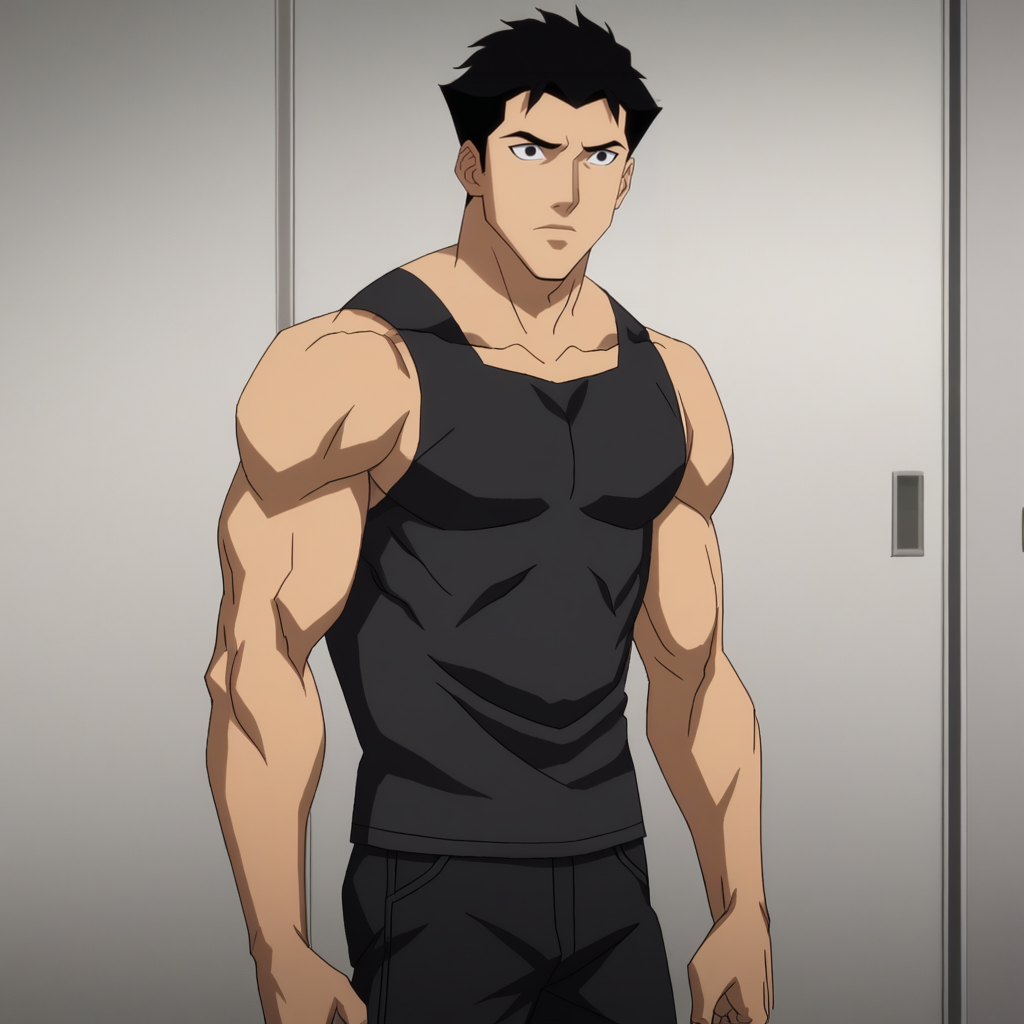 Ugly score_9_up, score_8_up, BREAK, DCAMU, 1boy, solo, black hair, short hair, black eyes, black shirt, black pants,  muscular,  <lora:DCAMU_Style_PXL_Leaf1:1>, cowboy shot,