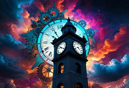 clock tower silhouette, dramatic cloudscape, swirling nebulae, star clusters as gears,  vibrant cosmic colors, moonlight illumination, hyperrealistic, otherworldly, vast scale