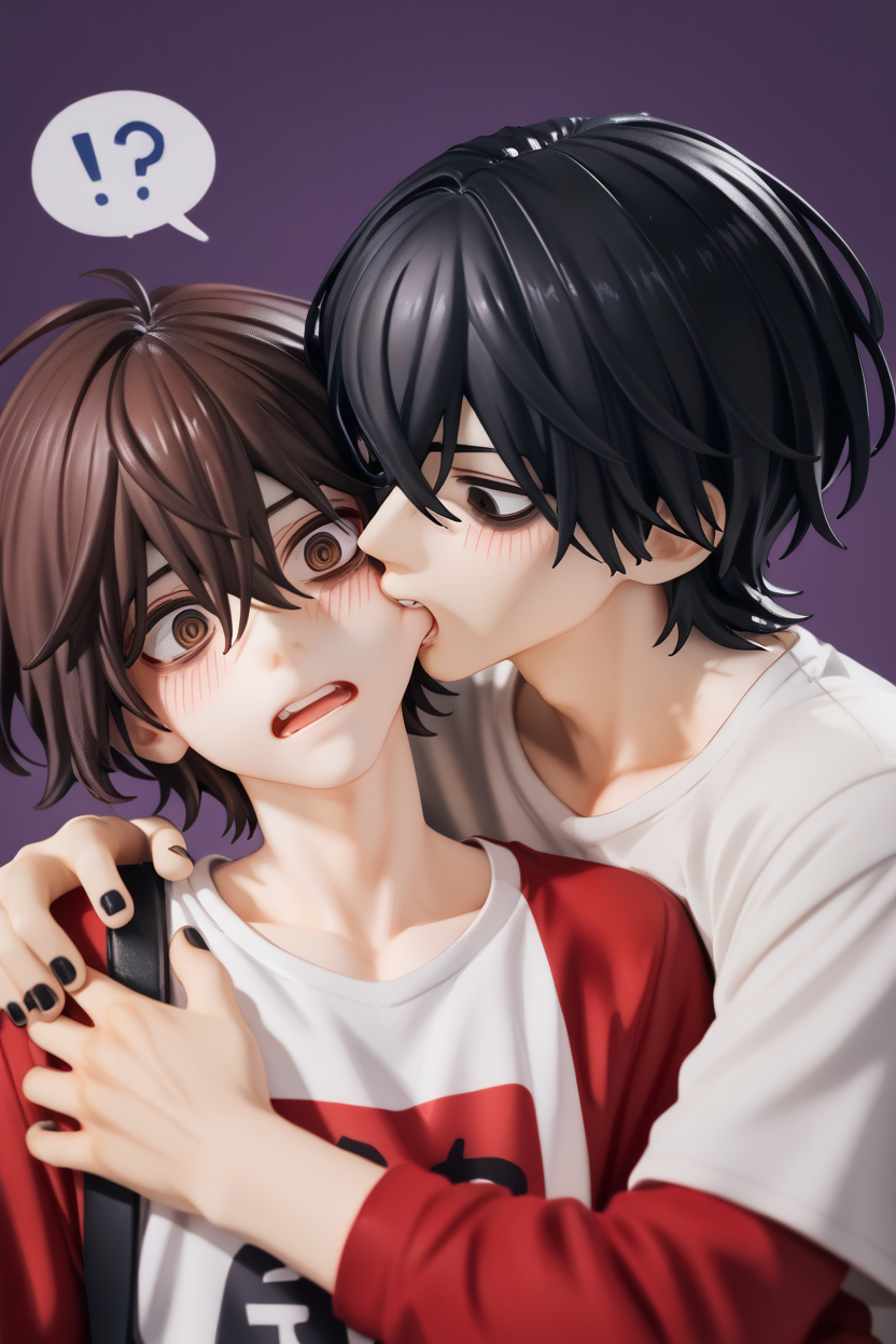 score_9, score_8_up, score_7_up,
<lora:CheekBite_Pony2:1>
cheek_bite, blush, short hair, open mouth, bangs, brown hair, shirt, black hair, long sleeves, hair between eyes, brown eyes, collarbone, white shirt, upper body, male focus, multiple boys, teeth, 2boys, nail polish, looking at another, black eyes, speech bubble, red shirt, black nails, yaoi, purple background, !?, hand on another's shoulder, bags under eyes