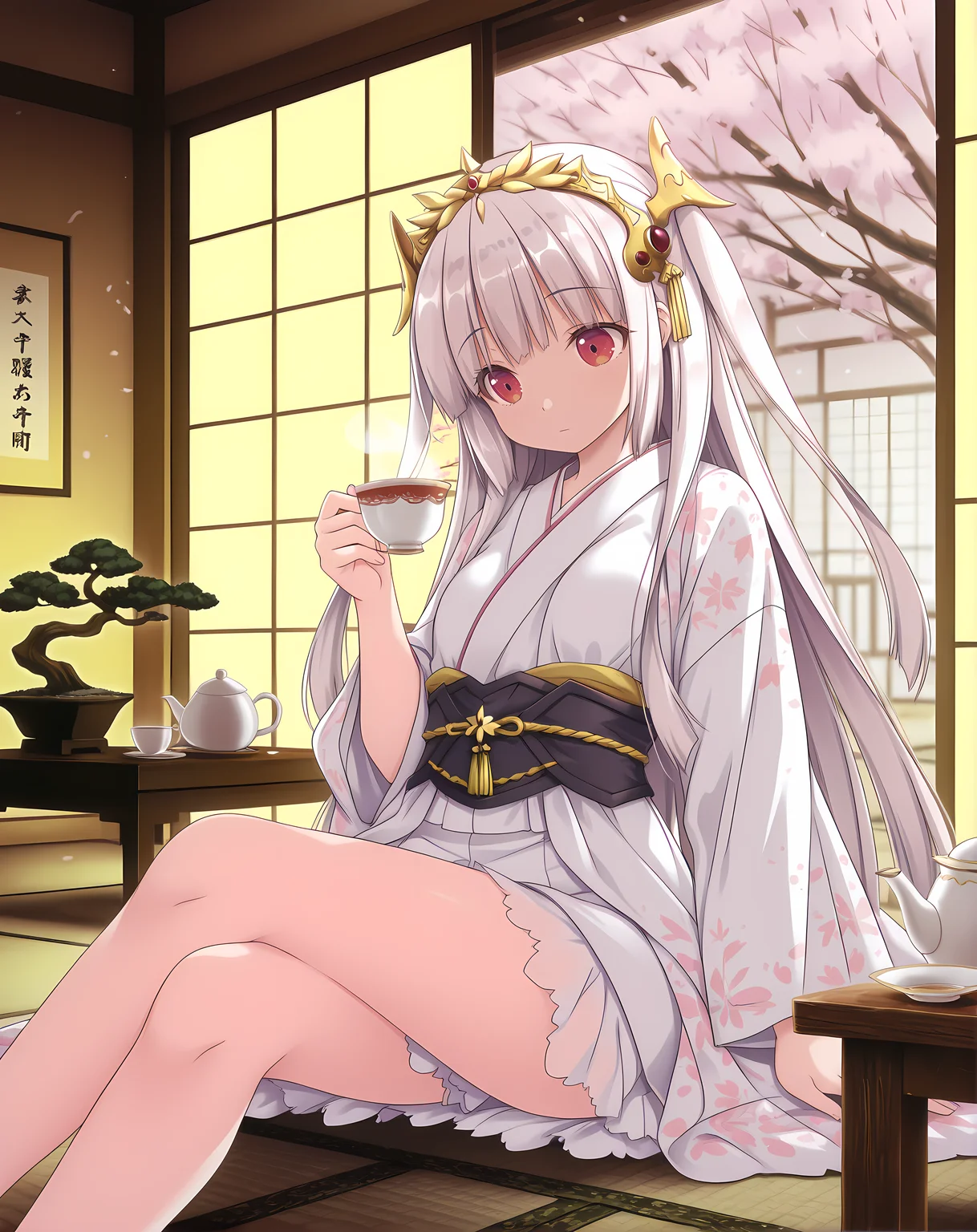 <lora:Lilica:0.8>,lilica,small breasts,white hair,long hair,bangs,red eyes,two side up,tiara,solo,kimono,sitting on floor,crossed legs,holding teacup,tea set,teapot,steam rising,indoors,(minimalistic interior:1),tatami floor,wooden table,paper walls,shoji screen,sliding doors,bonsai,ikebana,warm glow,open garden view,sakura tree,(falling cherry blossoms:0.9) (dark shadows:0.7),(high contrast:0.7),dynamic pose,(see-through slime:1.1),volumetric lighting,intricate details,blurry background,depth of field,, masterpiece,best quality,amazing quality, very aesthetic, absurdres,detailed eyes,ultra-detailed,