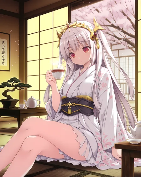 <lora:Lilica:0.8>,lilica,small breasts,white hair,long hair,bangs,red eyes,two side up,tiara,solo,kimono,sitting on floor,crossed legs,holding teacup,tea set,teapot,steam rising,indoors,(minimalistic interior:1),tatami floor,wooden table,paper walls,shoji screen,sliding doors,bonsai,ikebana,warm glow,open garden view,sakura tree,(falling cherry blossoms:0.9) (dark shadows:0.7),(high contrast:0.7),dynamic pose,(see-through slime:1.1),volumetric lighting,intricate details,blurry background,depth of field,, masterpiece,best quality,amazing quality, very aesthetic, absurdres,detailed eyes,ultra-detailed,