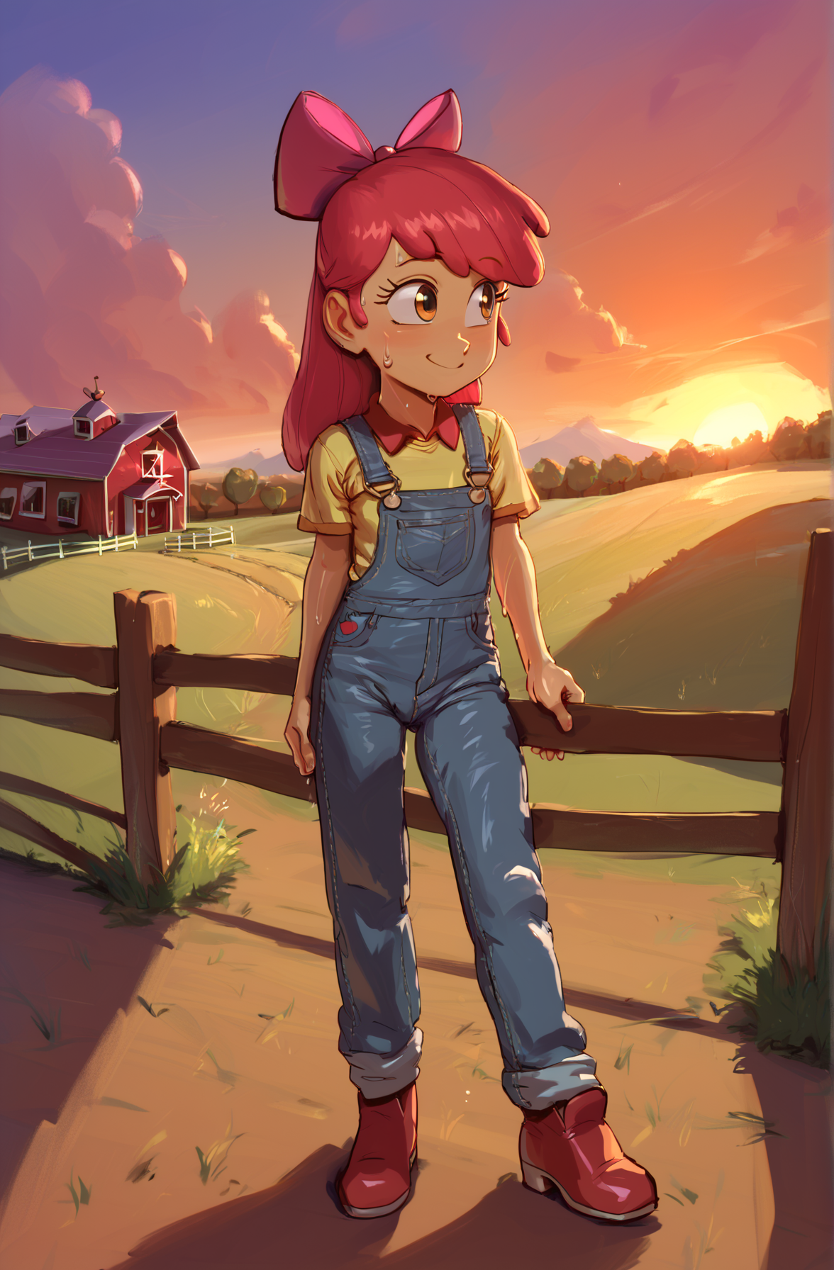 masterpiece, high quality, score_9, score_8_up, 1girl, sweaty, full body, farm, overalls, shirt, sunset, pears style, [applebloom], cute, petite, (short) ,,      <lora:HandFixer_pdxl_Incrs_v1:0.5>,<lora:ALTXL_pony_0061_8:1>,<lora:Pears_style:0.9>,<lora:Pony_QualityV4.0:1>,<lora:absurdres_quality:1>,<lora:pony_masterpiece_best_quality:1>