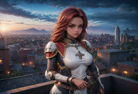 Score_PnyReal,BREAK,1girl, solo,(huge breasts,large breasts:1.2),long eyelashes, hands, fingers,detailed hands, detailed fingers, perfect anatomy, J0hanna, armor, dark skin, legs, red eyes, red hair, ,building,city,cityscape, city lights, cloud,cloud sky, night, night sky,on roof,outdoors,rooftop,scenery,sky,skyline,, dark theme,,looking at viewer, standing,,pout,(zPDXL2:1.5),blurry background, <lora:584554b1-5638-4ae3-a13c-f32e986cc10d:1.0>, <lora:743ab114-2dc7-4a68-a995-0d3c9dc174a0:0.7>, <lora:4d7c7665-97f8-4c37-b5c1-14a3c9f98c25:1.0>, <lora:a227fa2e-3749-476d-a8e5-79e96ce5d965:0.8>, <lora:ad0c5883-1b5c-4dce-8ce4-394127d875c5:0.9>, <lora:1c811bd7-5507-4312-b30a-e014048070a4:0.7>, <lora:eb09f3ec-6698-4e9a-be54-cff1f682dfd2:0.7>