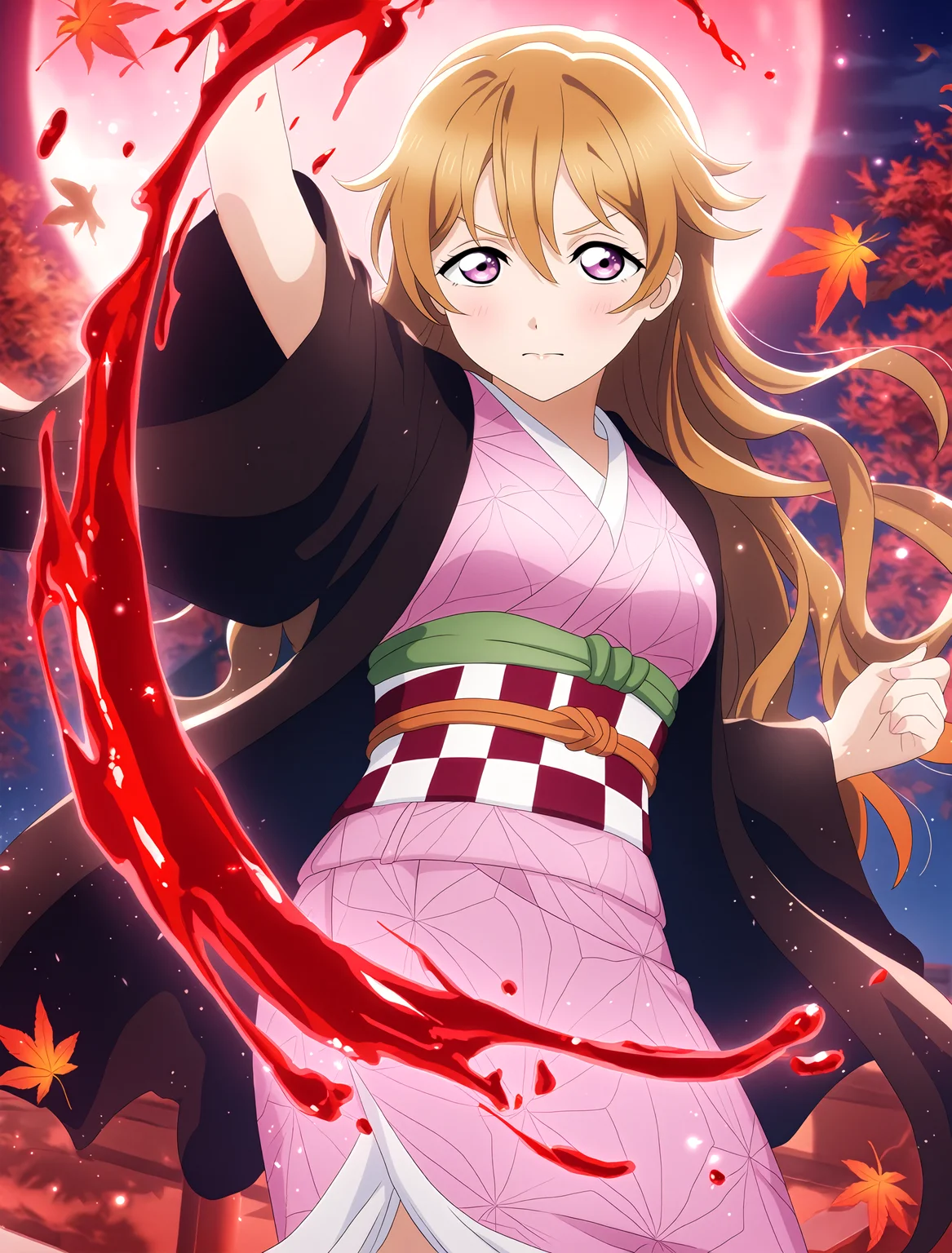 <lora:Koto-Umi-Riko-Shizu-Setsu-LLAS-NoobAIXLV10-V1:1> <lora:sdxl-boldline:-1.5>
(llas:1.4), (masterpiece, very aesthetic, absurdres, very awa:1.4), highres, best quality, newest, perfect anatomy, perfect lighting, anime coloring BREAK
sparkle, light particles, light rays, rim lighting, depth of field, blurry background BREAK
1girl, solo, looking at viewer, cowboy shot BREAK
(konoe kanata), brown hair, purple eyes, (kamado nezuko cosplay:1.2), pink kimono, obi, black haori BREAK
big pupils, (detailed eyes:1.2), large breasts, serious, v-shaped eyebrows BREAK
night sky, red moon, (blood magic, hemokinesis), casting spell, incoming attack, japanese architecture, maple leaf, falling leavesâââ