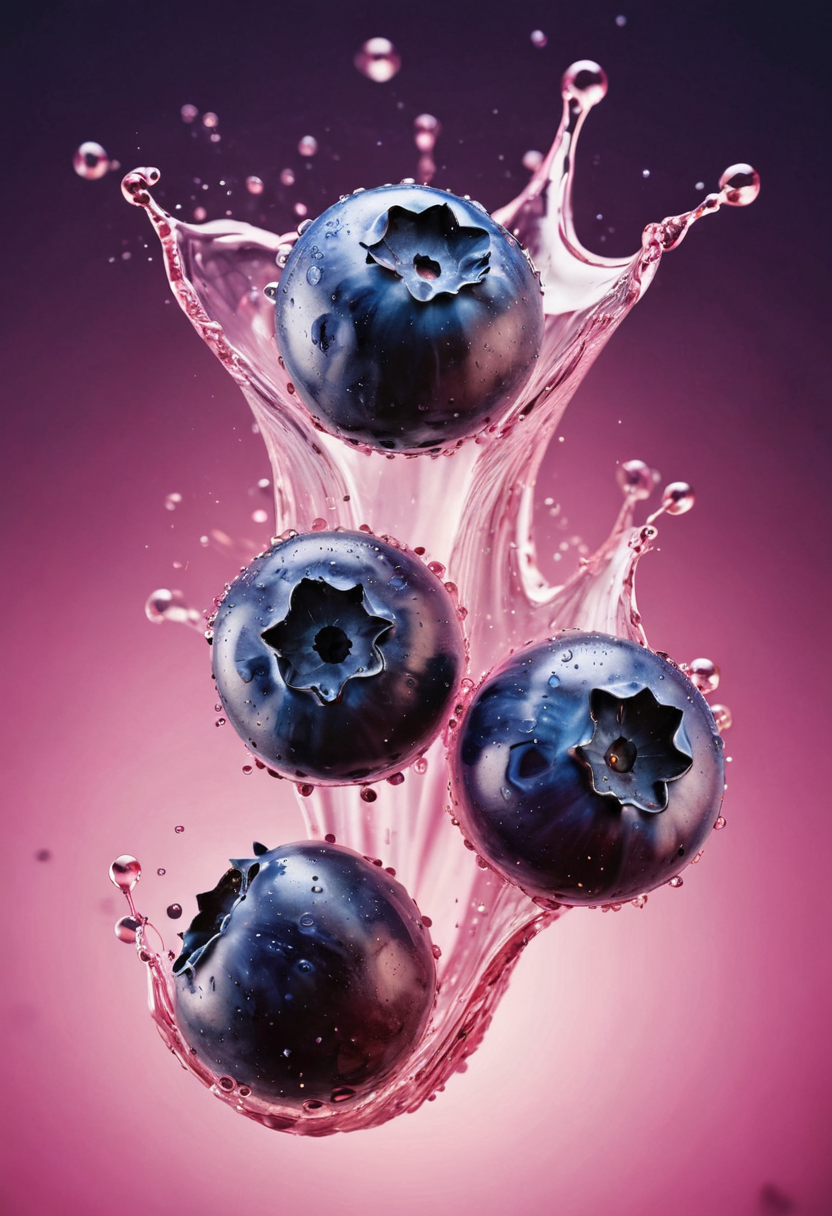 refreshing, vibrant glowing 3 blueberries, floating in the water,  macro photography, dew drops, pink lighting, glitters in the water, refreshing  , in the style of a product hero shot in motion, dynamic magazine ad image, photorealism, flowing water background, sunshine, sparkling in the water