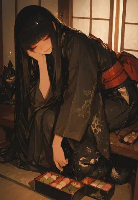 solo, masterpiece, best quality, good quality, very aesthetic, absurdres, Cinematic Lighting, gradient color, volumetric lighting, very awa, BREAK masterpiece, amazing quality, best quality, ultra-detailed, 8K, detailed eyes, ultra-detailed-eyes, detailed background, dim lighting, usnr, 748cmstyle, artist:moriimee, MokushiC-3, BREAK 1girl, black mikofa, full body, happy, very long hair, bangs, hime cut, black hair, black eyes, sitting, leaning forward, extremely detailed clothing, extremely detailed, (long_eyelashes, eyelashes), bento box, (holding dango stick, one hand on cheek), sparkles, closed eyes, happy, BREAK japanese shrine,