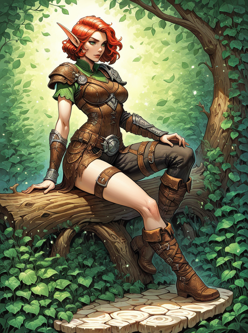 sref5761, beautiful elf ranger girl sitting on wooden log in the woods, full body, leather armor, short red hair, leafs particles, legwear, boots, short sleeves, bracers, asymmetrical clothes, solo <lora:sxz-sref5761:0.8>