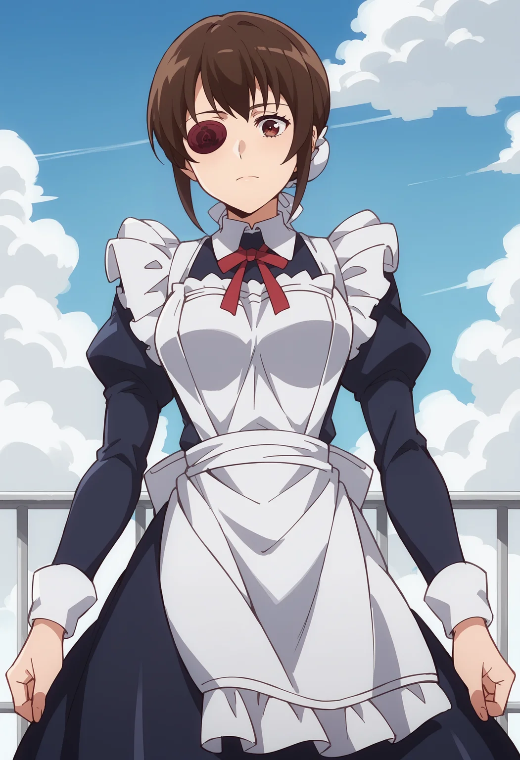 score_9, score_8_up, score_8, source_anime, 1girl <lora:TsubameKamoi:0.85> ,solo, breasts, brown hair, brown eyes, short hair, eyepatch, maid, apron, maid apron, hair bun, single hair bun, bun cover, long sleeves, pantyhose, looking at viewer,
sky,
