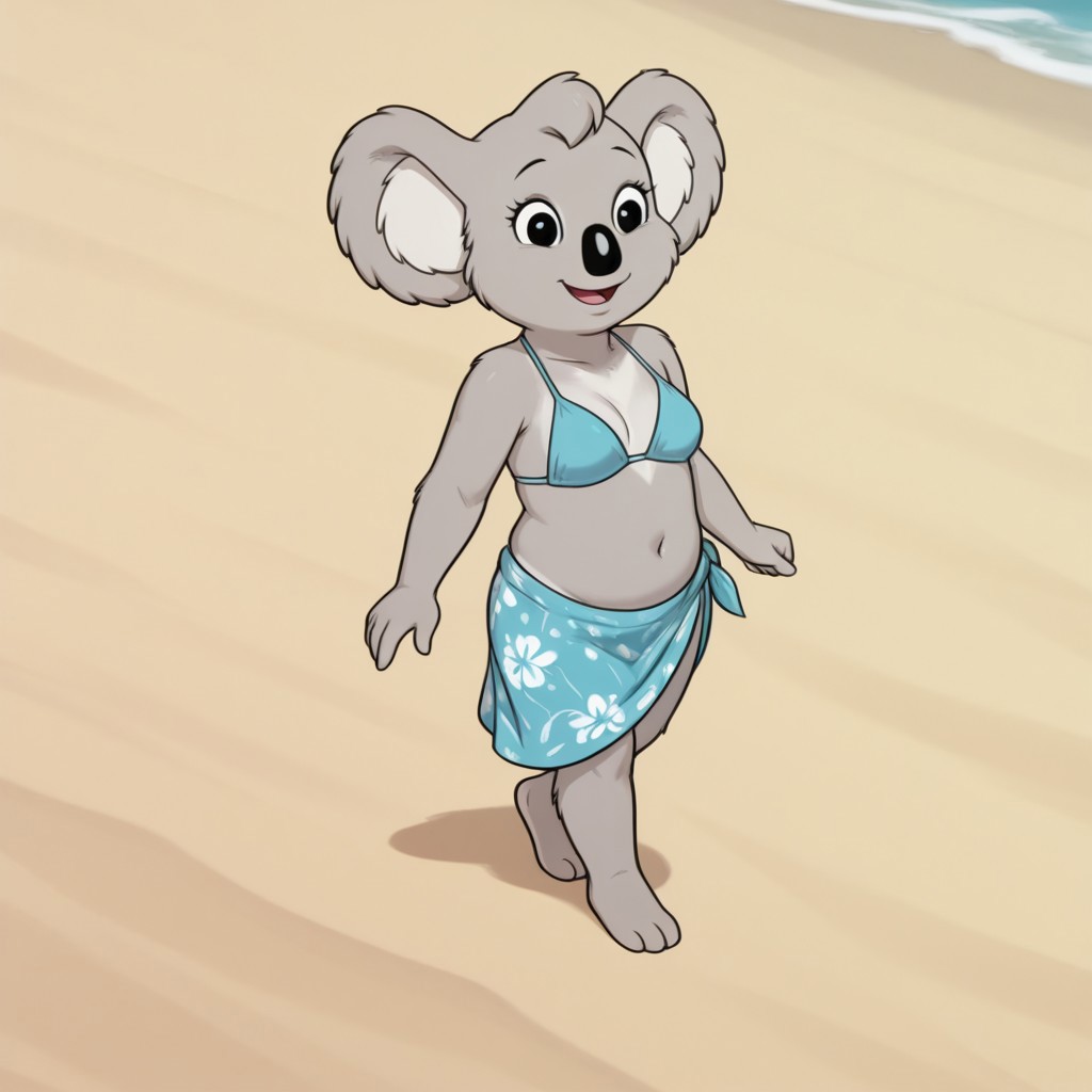 masterpiece, best quality, amazing quality, Nutsybbil, semi-anthro, female, Koala, tan fur, black eyes,  sarong pass bikini, at the beach, happy
