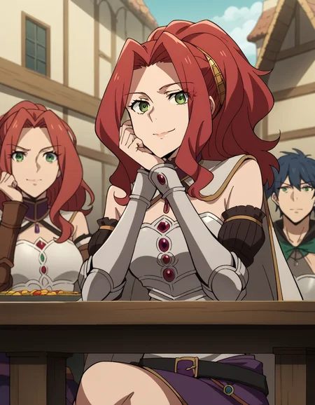 score_9, score_8_up, score_7_up, source_anime, <lora:malty-melromarc-s1s2s3-ponyxl-lora-nochekaiser:1>, malty melromarc, long hair, green eyes, red hair, parted bangs, ponytail, medium breasts, bare shoulders, belt, cape, armor, breastplate,, town, small, streets, community, people, smile, sitting, head rest, table,, looking at viewer, solo,, dutch angle, cowboy shot