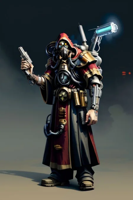 ((masterpiece,best quality)), absurdres, BREAK
mechanical arms, robes, hood, BREAK
((techpriest)), cyborg, mechanical face, mechanical limbs, gas mask, mechanical tentacles, (mechanical backpack), BREAK
1other, solo, holding pistol, firearm, handgun, pistol, gun, BREAK
factory background, smoggy sky, air pollution, smokestacks, BREAK
(comic character)