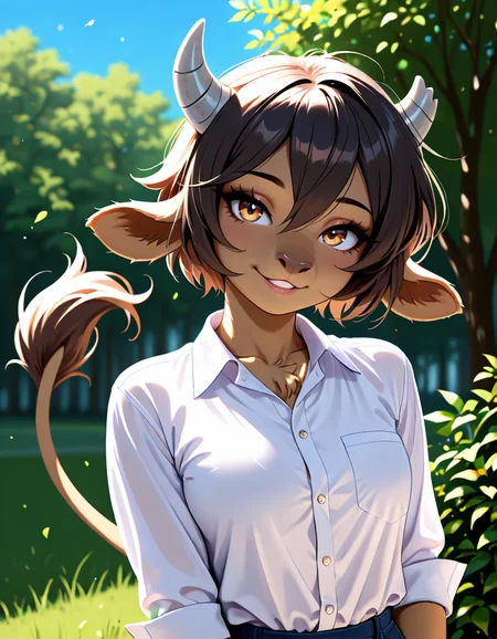 masterpiece, best quality, very aesthetic, absurdres,
outdoors,
headshot, head tilt,
button up shirt,
seductive smile, parted lips, long eyelashes,
<lora:Manitka_Storm_v01_NAIXL:1>
Man1tkaStorm,1gilr,solo,furry,furry female,cow girl,cow ears,cow horns,short hair,black hair,hair between eyes,brown hair,body fur,brown fur,cow tail,hooves,