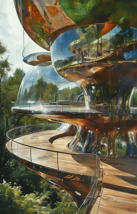 masterpiece,best quality,<lora:tbh304-sdxl:0.9>,illustration,designed by Norman Foster Whimsical treehouse complex in a lush forest, channeling the spirit of Antoni Gaudí