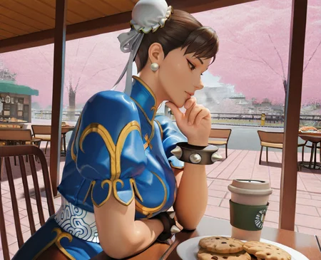 masterpiece, best quality, amazing quality, highres, absurdres, intricate detail, 3d, realistic, very aesthetic, <lora:CakiiBB_style_ILLUS-000008:0.8> , 1girl, chun-li, cookies on plate, coffee cup, steam, outdoors, cherry blossoms, scenery, cinematic, photography, sidewalk, restaurant, from side, angle view, hand on chin, sitting chair, looking down,