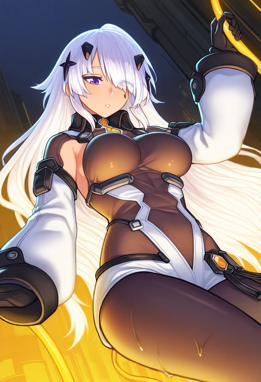 1girl, solo, dila ananta, heterochromia, left purple eyes, purple left eye, right orange eyes, orange right eye, white hair, long hair, hair over one eye, \bodystocking, detached sleeves, diamond hair ornament, black gloves, high collar, choker,
climbing, looking down, uneasy expression, glowing red lights, narrow shaft, dripping water, faint mist, cyberpunk industrial background, tense atmosphere, mid-action
, masterpiece, absurdes, <lora:Character_Dila Ananta:0.777>