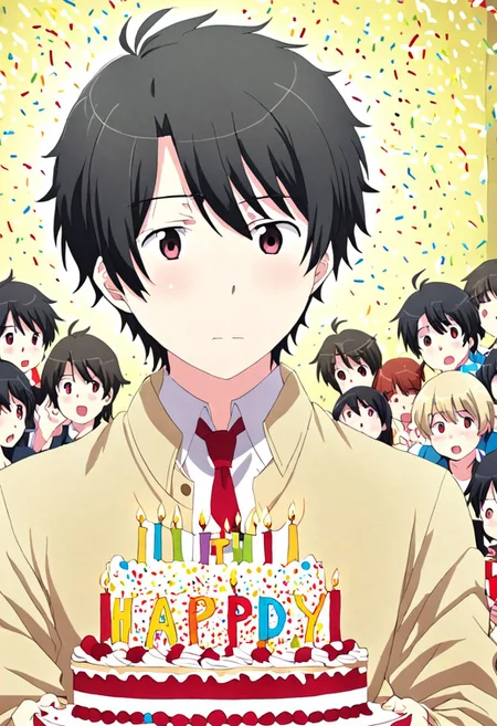 high resolution, solo, best quality, 1Boy, Inaho Kaizuka, Black Hair, surprisde, birthday surprise, OverallDetail
