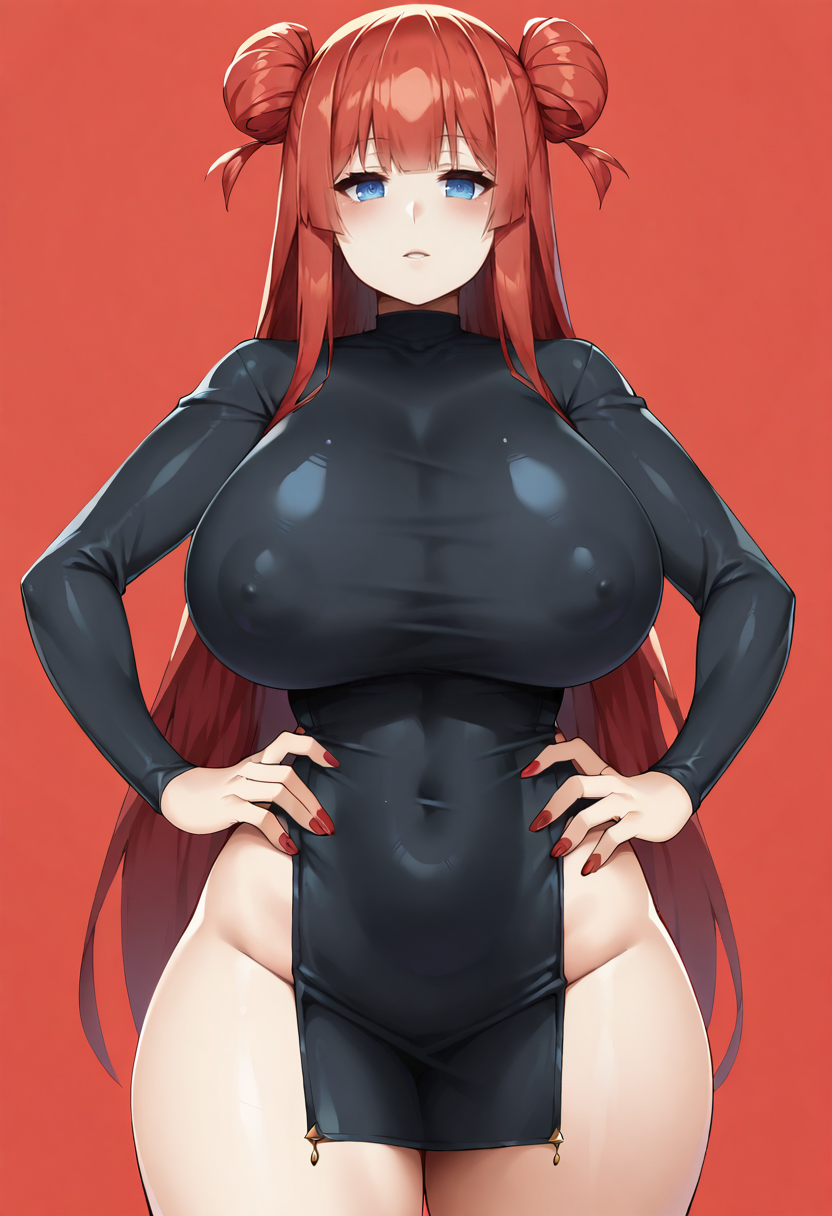 score_9, score_7_up,  1girl, 
huge breasts, wide hips, thick thighs, :o, blunt bangs, cowboy shot, curvy, covered nipples, long sleeves, hair between eyes, light blush, looking at viewer, thighs, shiny clothes, long hair, red nails, blue eyes, parted lips, red background, dress, red hair, hairpods, aged up, breasts, two-tone background, standing, sidelocks, black dress, nail polish, solo, hands on own hips, narrow waist, very long hair
 <lora:kamata_yuuya-Style-PonyXL-GLoRA-Final-000046:1>