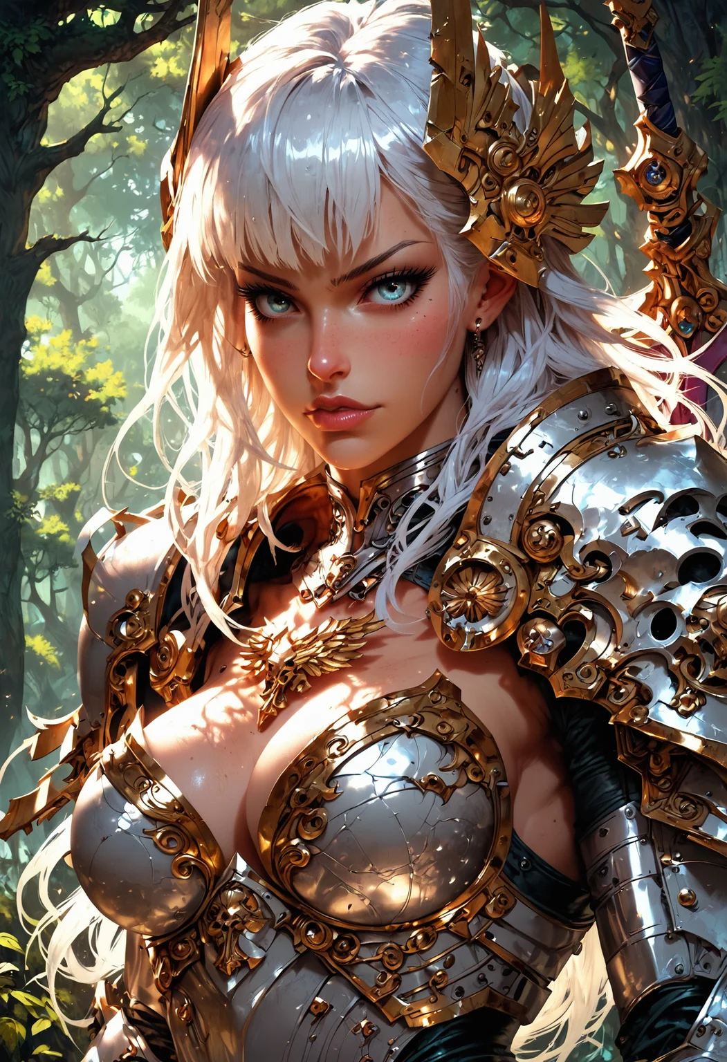 (score_9, score_8_up), score_7_up, zPDXL, solo, <lora:MythP0rtr4itStyle:1>, mythp0rt, 1girl, beautiful, white hair, long hair, bangs, fair skin, big breasts, leather armor, sword, forest, dappled sunlight, upper body, looking at viewer, shine, shine of steel