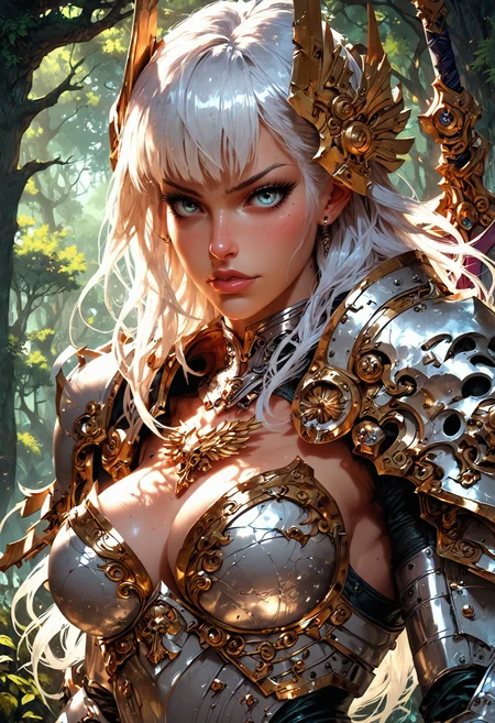(score_9, score_8_up), score_7_up, zPDXL, solo, <lora:MythP0rtr4itStyle:1>, mythp0rt, 1girl, beautiful, white hair, long hair, bangs, fair skin, big breasts, leather armor, sword, forest, dappled sunlight, upper body, looking at viewer, shine, shine of steel