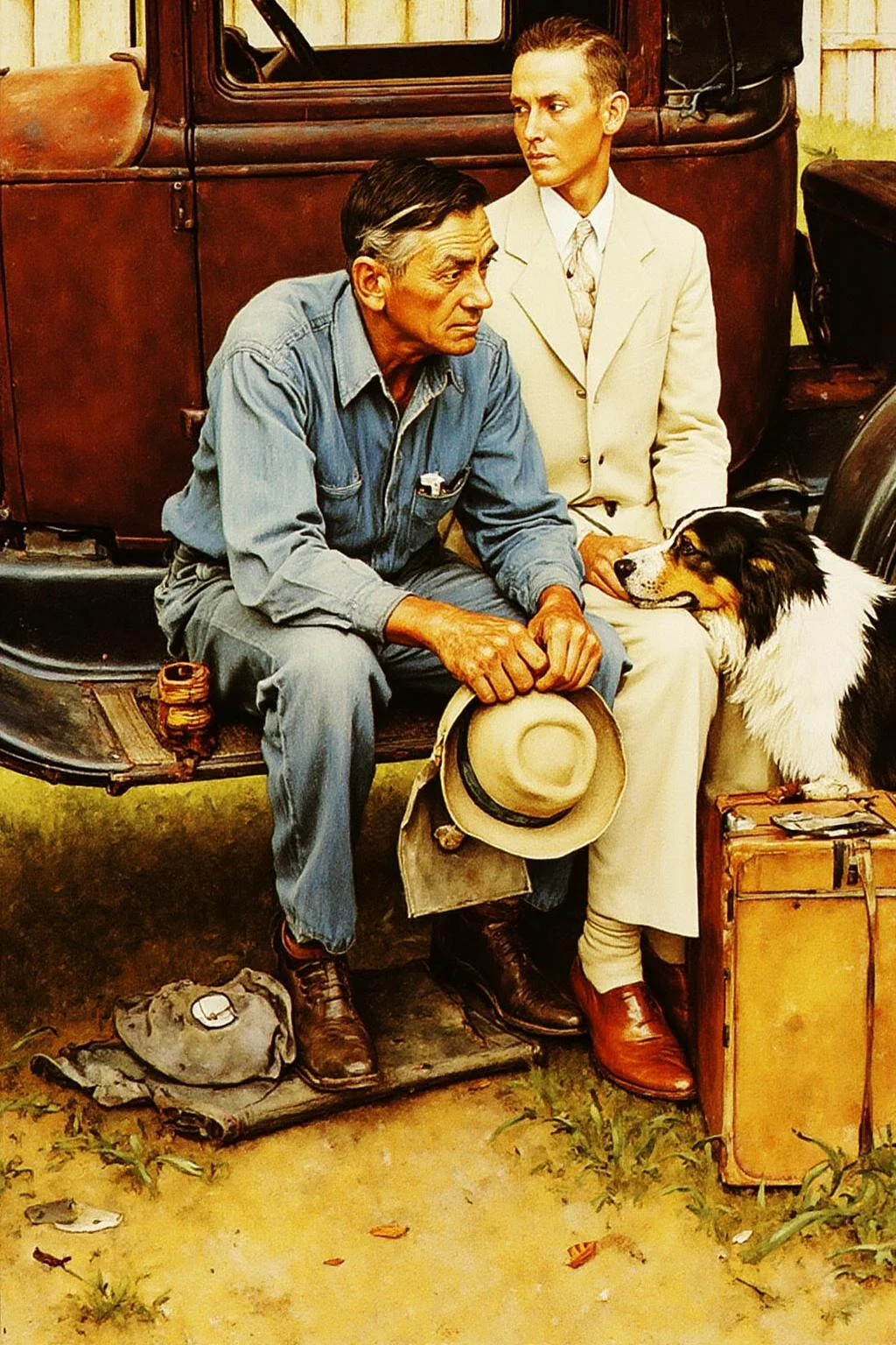 normanrockwell1 painting.
In the center is an elderly man in a worn denim shirt and jeans sits on the edge of a rusty old car, holding a wide-brimmed straw hat and a small, worn suitcase. He has a serious expression.
A young man with neat short hair, is wearing a white suit. He is looking at the
left. There is a dog with its head resting on his lap.
There is a antique car parked behind them.
<lora:normanrockwell1_cap_d6a3e12:1.0><lora:841447212409090166:0>