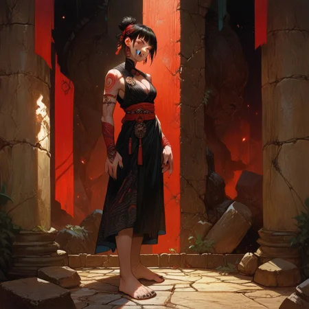 score_9, score_8_up, score_7_up, score_6_up, score_5_up, score_4_up, 1girl, detailed, masterpiece, solo, pale skin, red eyes, black hair, black nails, bangs, cleavage, 2 fangs, smile, earrings, legs, feet, stone floor, standing,