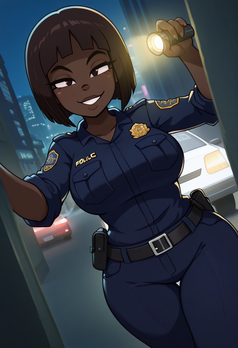 ,high res, extremely detailed, beautiful lighting, night,closeup,beautiful eyes, beautiful skin, feckles, city, police car, 1female ( dark skinned female), posing,police officer, police uniform (black uniform), pants, police equipment (flashlight),short hair, straight hair,brunette),dynamic angle, happy, smirk,
