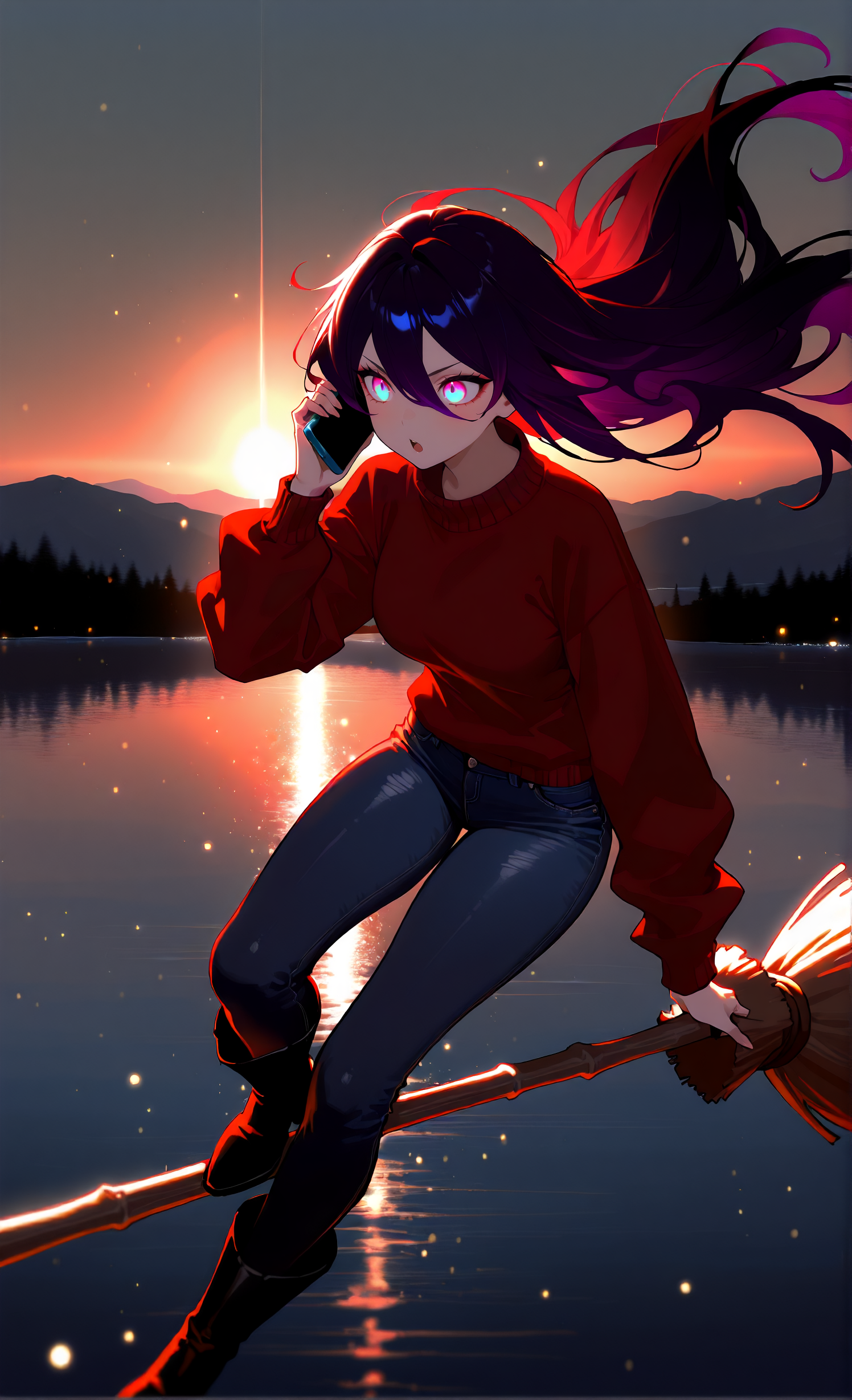 masterpiece, sharp detail, 1girl,   detailed eyes, gradient eyes, highly detailed hairs,  broom surfing,  jeans, long hair, floating hair, boots, sweater, talking on phone,  cellphone, lake,  cinematic lighting, detailed background, v-shaped eyes, light particles, (shiny, abstract:0.7), underlighting:1.2, <lora:Broom Surfing:0.8>