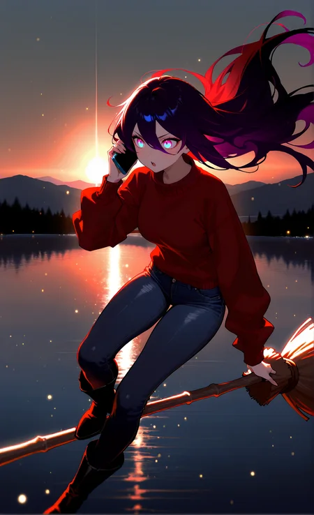 masterpiece, sharp detail, 1girl, detailed eyes, gradient eyes, highly detailed hairs, broom surfing, jeans, long hair, floating hair, boots, sweater, talking on phone, cellphone, lake, cinematic lighting, detailed background, v-shaped eyes, light particles, (shiny, abstract:0.7), underlighting:1.2, <lora:Broom Surfing:0.8>