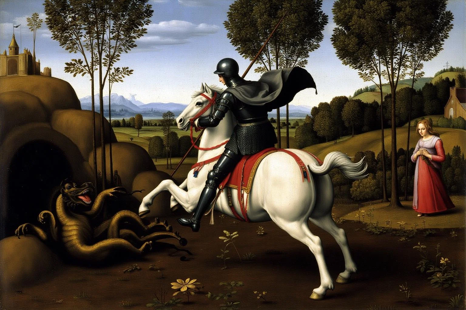 raphael1 painting. On the left is a dragon lying on the ground. In the center is a knight, shown with his back to the viewer, in full armor mounted on a white horse, running towards the left. The knight is thrusting a lance at a dragon lying on the ground. IIn the background there are rolling hills, trees, and a distant castle. A woman in a red dress stands near the trees, observing the scene.
<lora:raphael1_cap_d6a3:1.0><lora:843657879320935709:0>