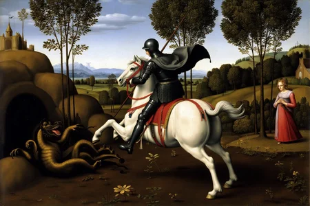 raphael1 painting. On the left is a dragon lying on the ground. In the center is a knight, shown with his back to the viewer, in full armor mounted on a white horse, running towards the left. The knight is thrusting a lance at a dragon lying on the ground. IIn the background there are rolling hills, trees, and a distant castle. A woman in a red dress stands near the trees, observing the scene.
<lora:raphael1_cap_d6a3:1.0><lora:843657879320935709:0>