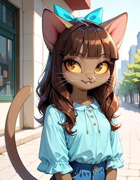 masterpiece, best quality, very aesthetic, absurdres,
outdoors, casual,
seductive smile, parted lips, long eyelashes,
<lora:Ivy_Pepper_v01_NAIXL:1>
1vyP3pp3r,1girl,solo,furry,furry female,cat girl,cat ears,brown hair,hair bow,long hair,blunt bangs,brown eyes,yellow sclera,animal nose,whiskers,body fur,cat tail,