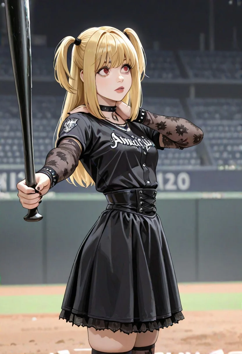 (1girl:1.2), (general:1.3), (masterpiece:1.2), newest, <lora:IchiroBattingStance_ill_v01:1>,amane_misa, blonde hair, 1girl, solo, two side up, goth fashion, (holding, holding baseball bat, baseball bat:1.2), outstretched arm, (hand on own shoulder:0.7), skindentation