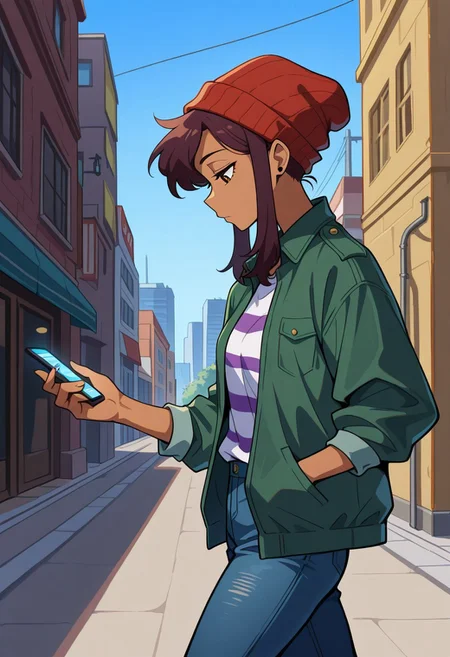 masterpiece, best quality, highres, BREAK, betaluz, 1girl, solo, dark-skinned female, brown eyes, brown hair, short hair, long bangs, red beanie, green jacket, open jacket, striped shirt, jeans, bored, looking down, looking at phone, holding phone, hand in pocket, walking, side view, cowboy shot, outdoors, city, street, blue sky