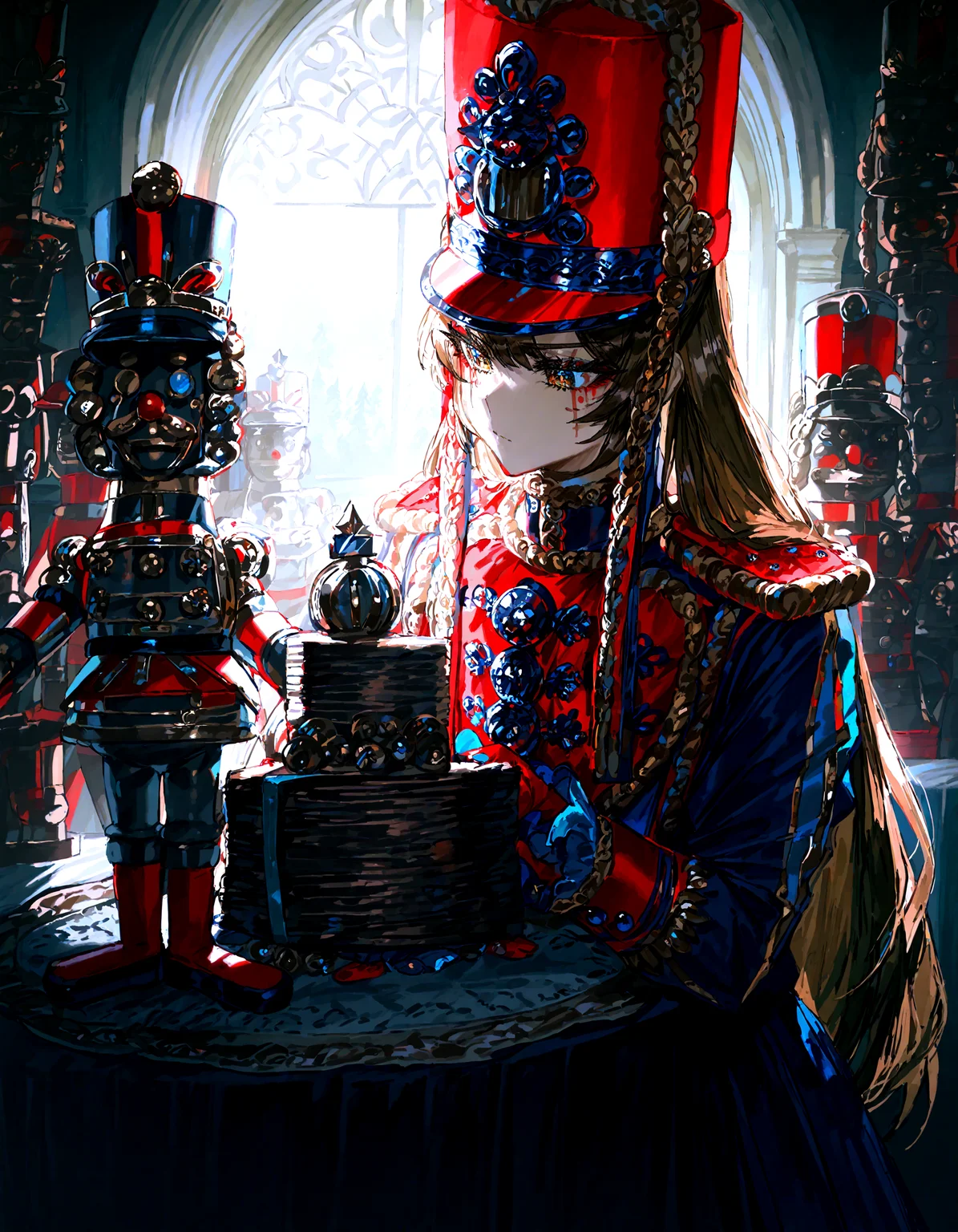 1girl ,nutcracker, detailed background,detailed face,
,quasarcake, thirty_8ght
,masterpiece, best quality, newest, absurdres, highres,
<lora:illustrious_noobai_epsilon_pred_1_best_quality_v1:0.4> ,<lora:illustrious_noobai_epsilon_pred_1_masterpieces_v1:0.4>, <lora:illustrious_noobai_epsilon_pred_11_very_aesthetic_v1:0.4>, <lora:ponyv5_noobV065S_1_adamW:0.6>, <lora:add-detail-xl:0.4>, <lora:GEN(illust) 0.2v:0.6>,<lora:cfg_scale_boost:0.4>, <lora:Holiday_Nutcracker:0.5>
