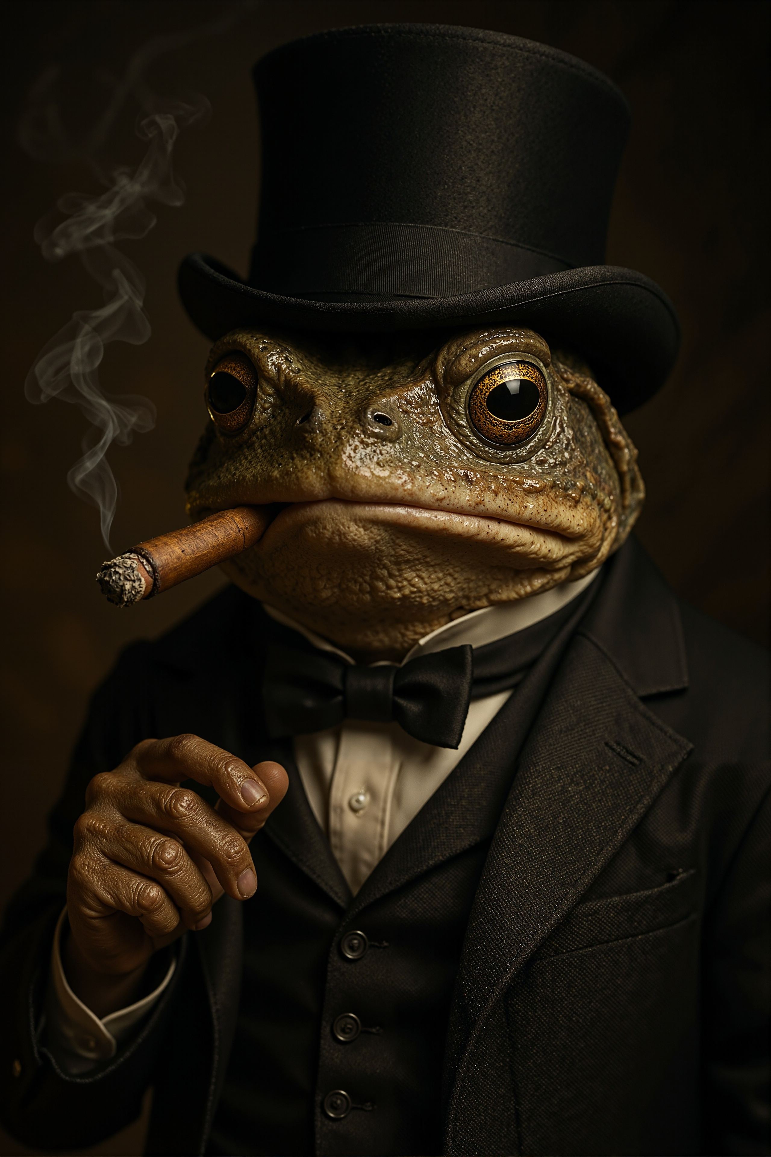 Portrait Photograph of a anthropomorphic human/toad hybrid, in a top hat , Dapper Toad , smoking cigar , looking at the camera , 4k, 8k,  highly detailed, cinematic,  8k, dramatic lighting, high detail, highly detailed, hyper realistic, intricate, intricate sharp details,  35mm photograph, film, bokeh, professional, 4k, highly detailed