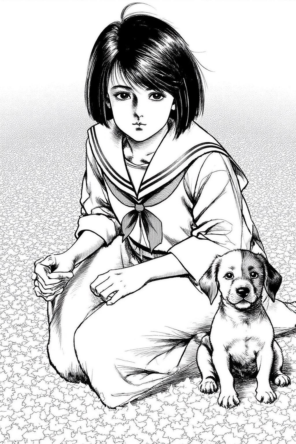 1keryo illustration.
A young girl and a small puppy sitting on a ground covered with scattered leaves. The young girl has a bob cut and is wearing a Japanese sailor fuku school uniform. <lora:1keryo1_cap_d6a3e12:1.0><lora:826535528339075663:0>
