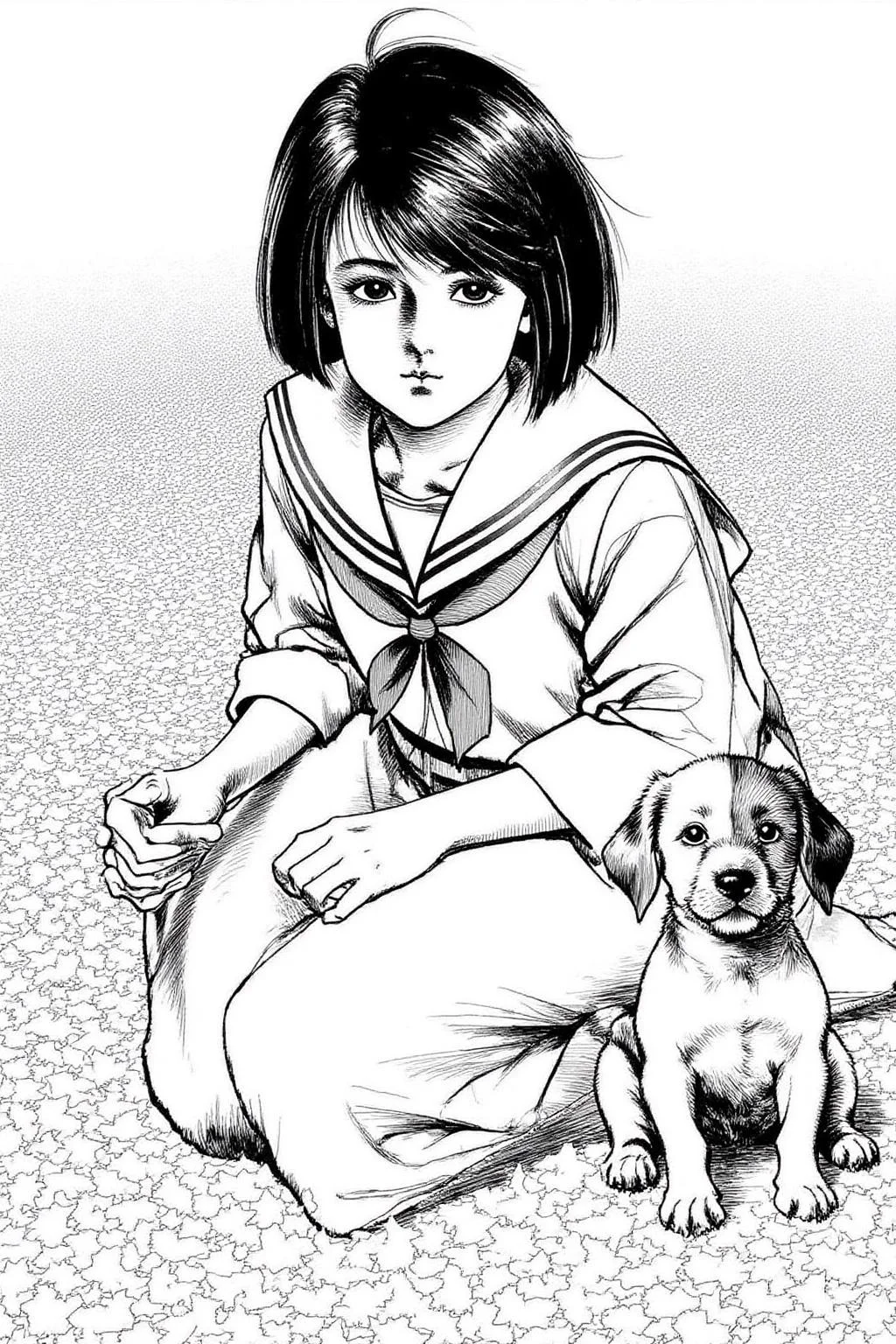1keryo illustration.
A young girl and a small puppy sitting on a ground covered with scattered leaves. The young girl has a bob cut and is wearing a Japanese sailor fuku school uniform. <lora:1keryo1_cap_d6a3e12:1.0><lora:826535528339075663:0>